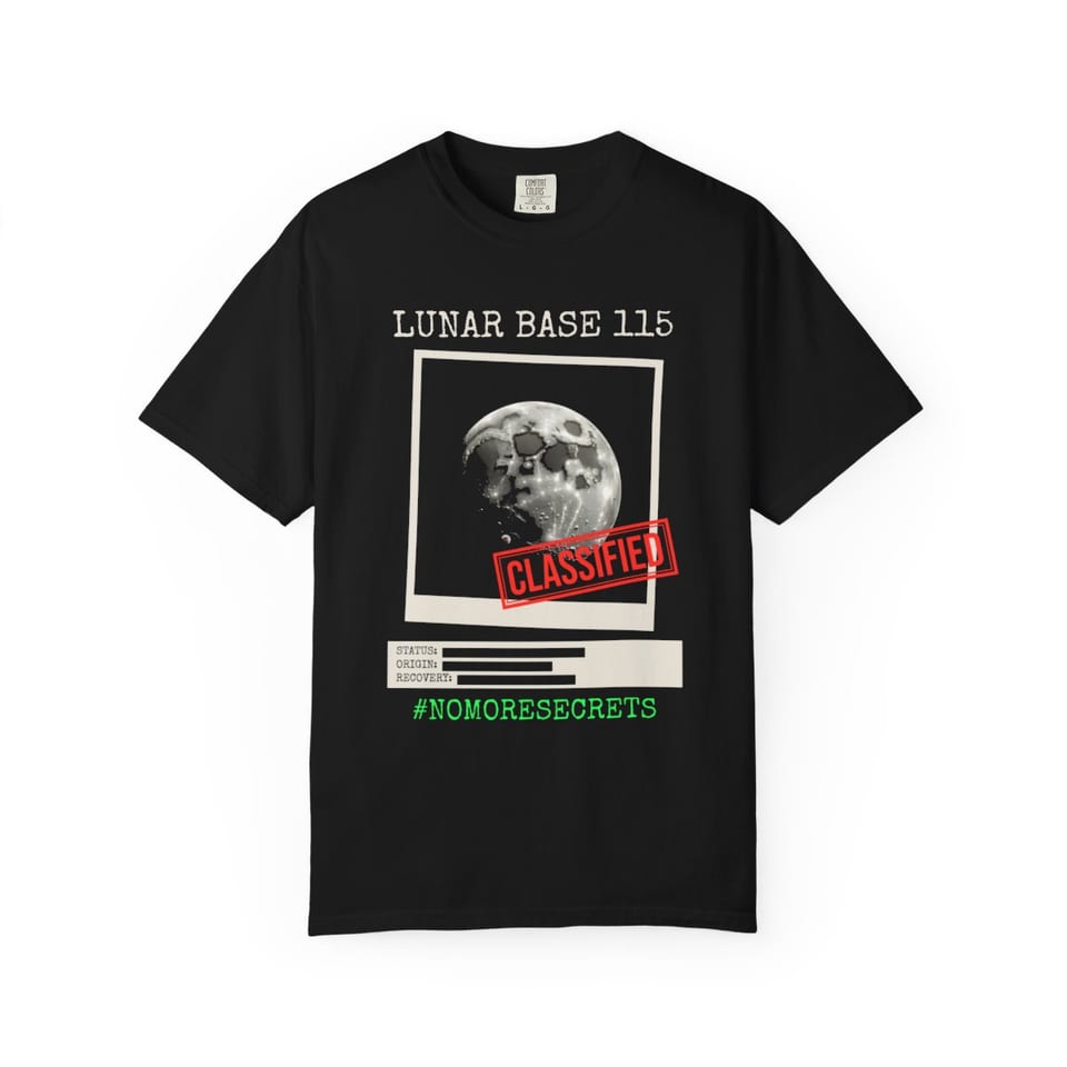 Lunar Base 115 Classified Tee, front view (Printify product mockup)