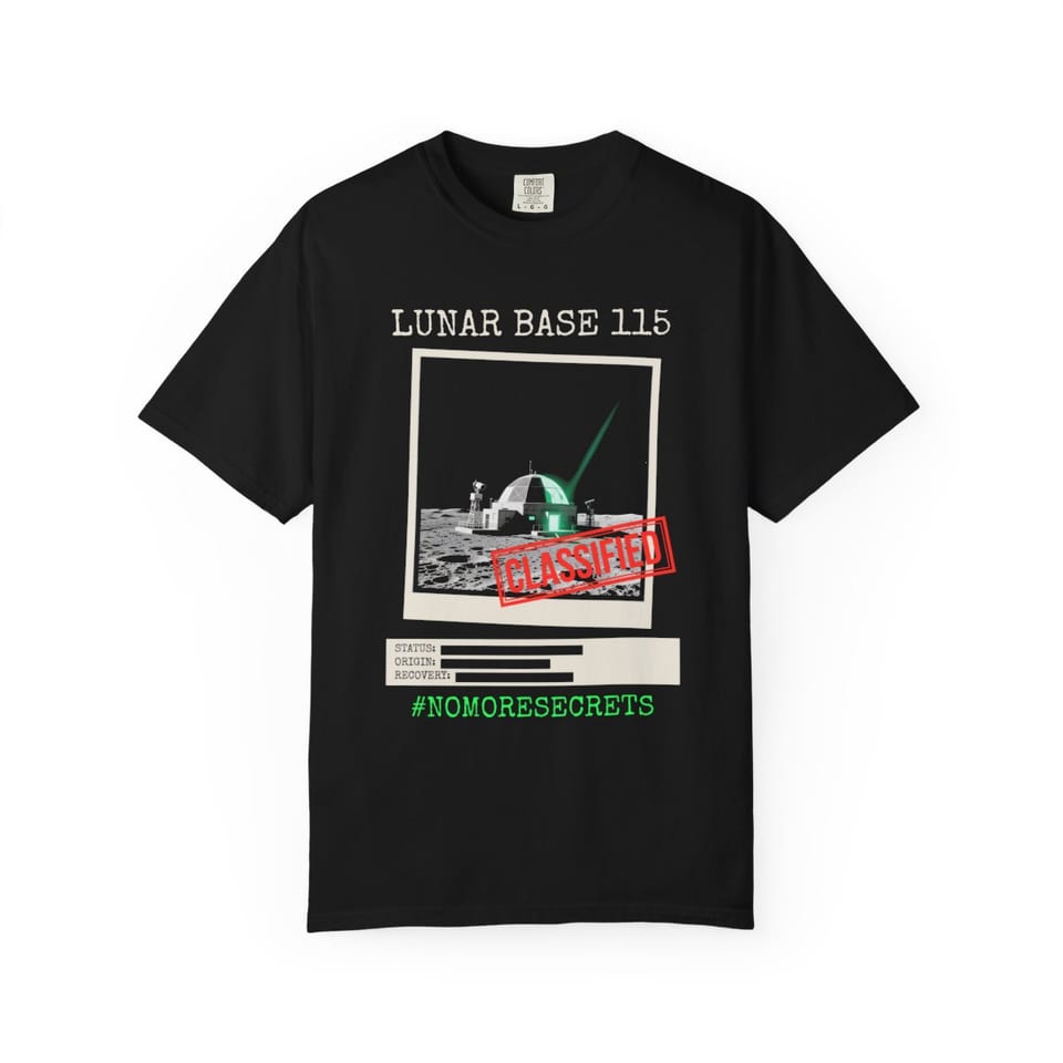 Lunar Base 115 Classified Tee, front view (Printify product mockup)