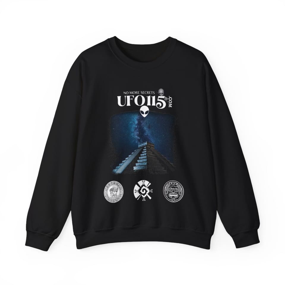 Mayan Pyramid Milky Way Crewneck Sweatshirt, front view (Printify product mockup)