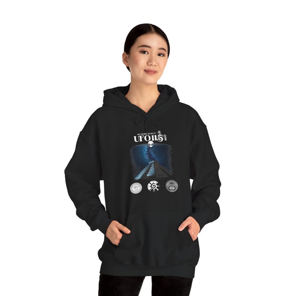 Mayan Pyramid Milky Way Hoodie, front view (Printify product mockup, on a model)