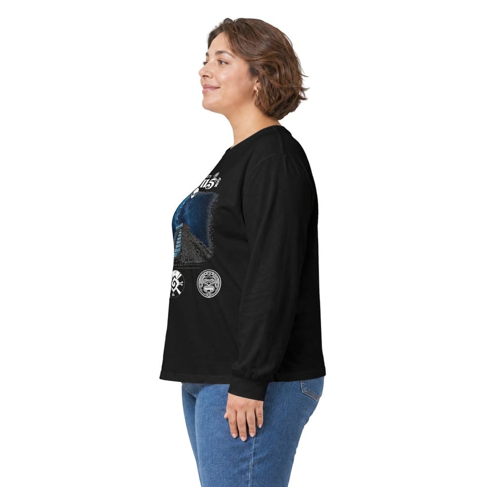 Mayan Pyramid Milky Way Long Sleeve Tee, person left view (Printify product mockup)