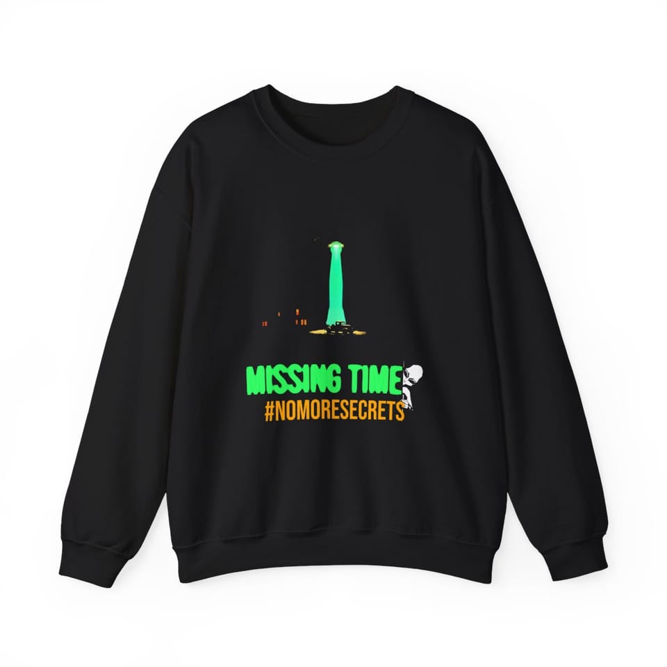 Missing Time Crewneck Sweatshirt, front view (Printify product mockup)