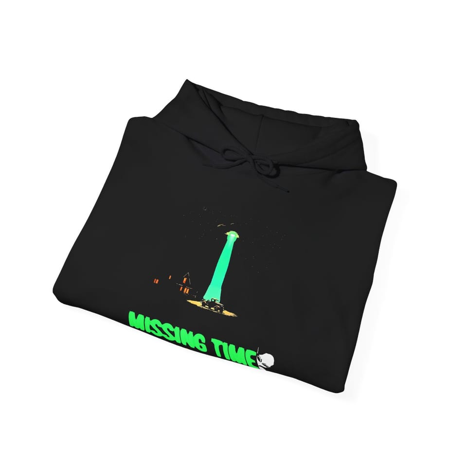 Missing Time Hoodie, folded view (Printify product mockup)