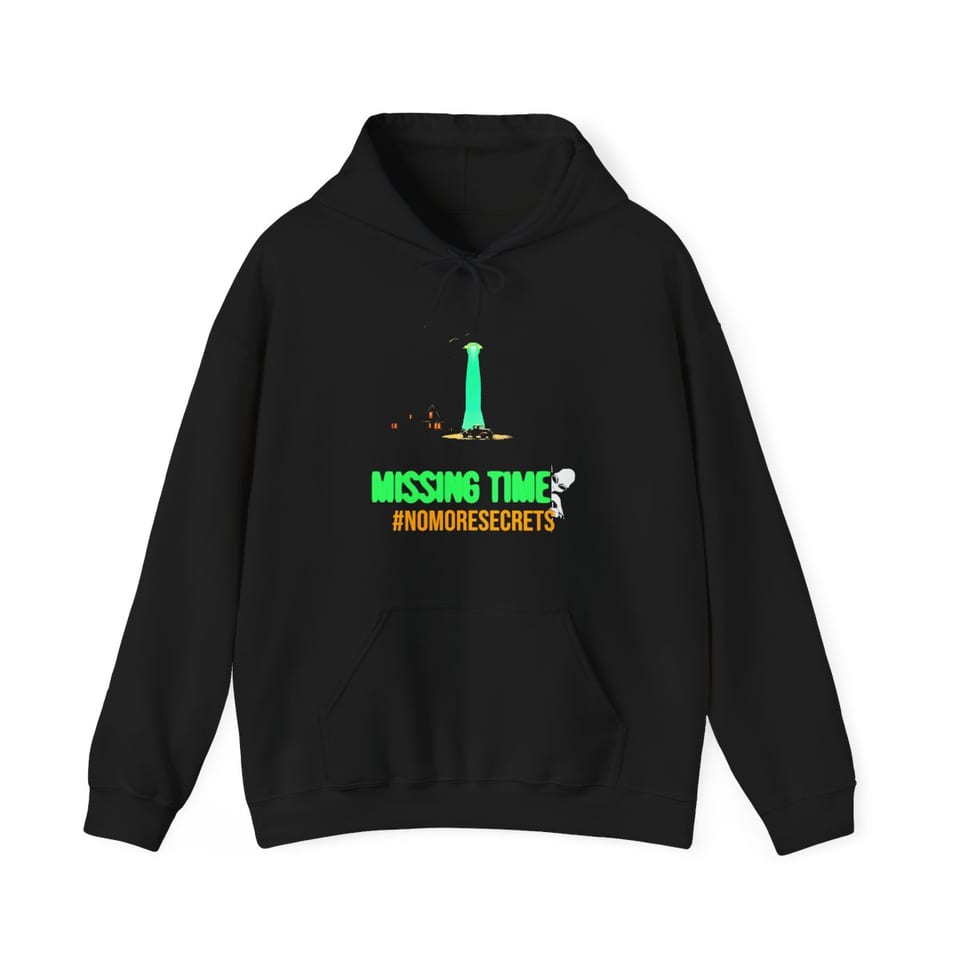 Missing Time Hoodie, front view (Printify product mockup)