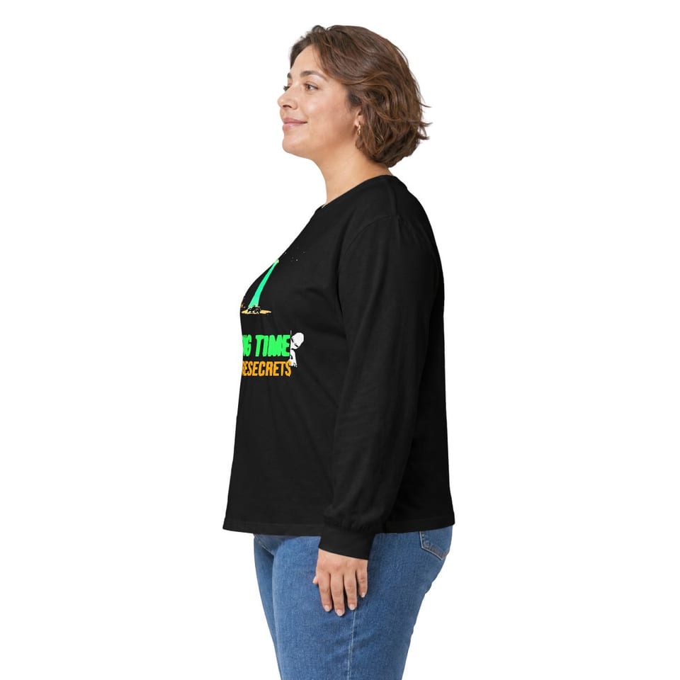 Missing Time Long Sleeve Tee, person left view (Printify product mockup)