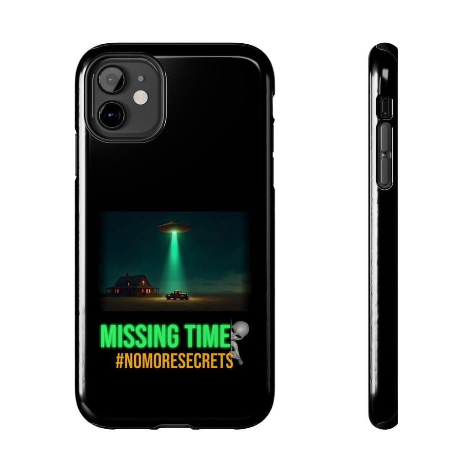 Missing Time Phone Case, front and-side view (Printify product mockup)