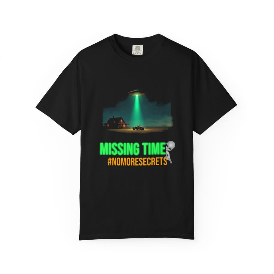 Missing Time Tee, front view (Printify product mockup)