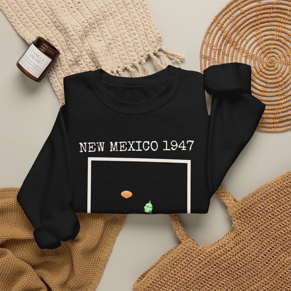 New Mexico 1947 Disc Recovered Crewneck Sweatshirt, folded 2 view (Printify product mockup)