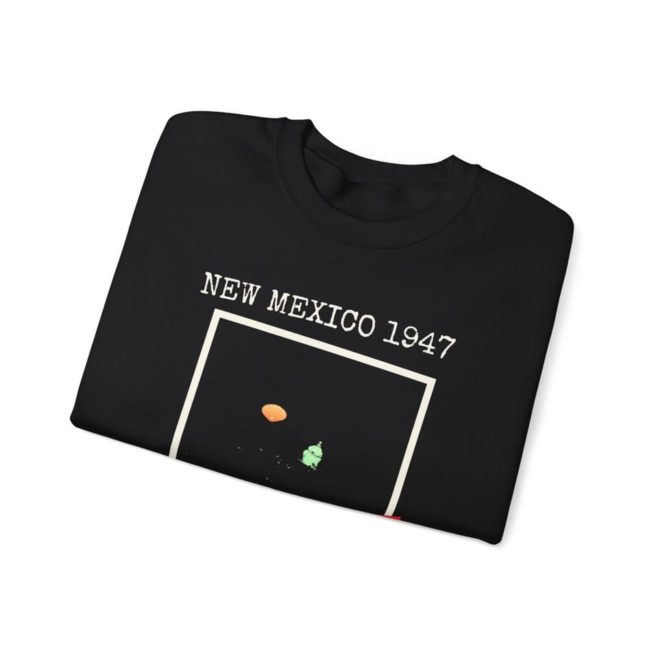 New Mexico 1947 Disc Recovered Crewneck Sweatshirt, folded view (Printify product mockup)