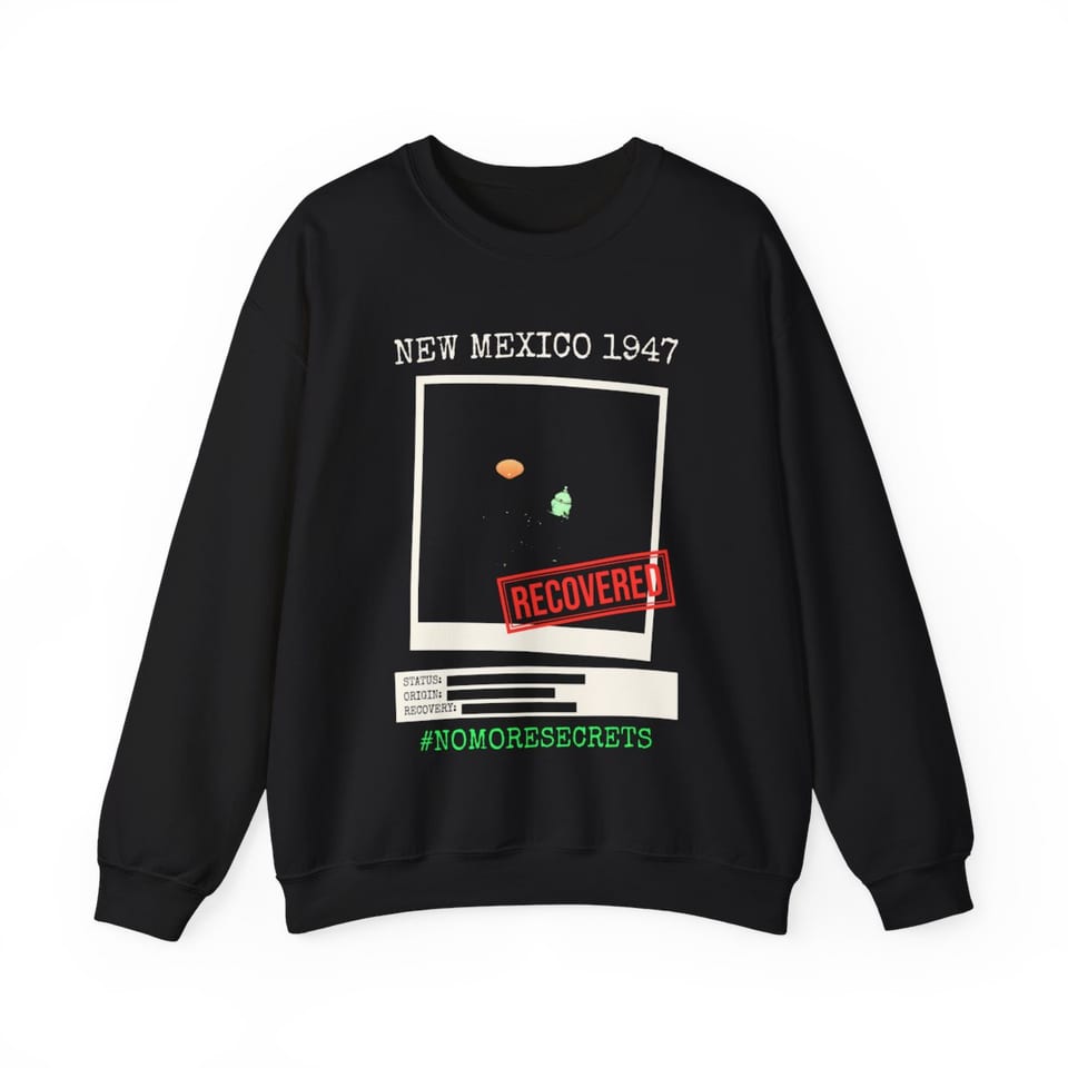 New Mexico 1947 Disc Recovered Crewneck Sweatshirt, front view (Printify product mockup)