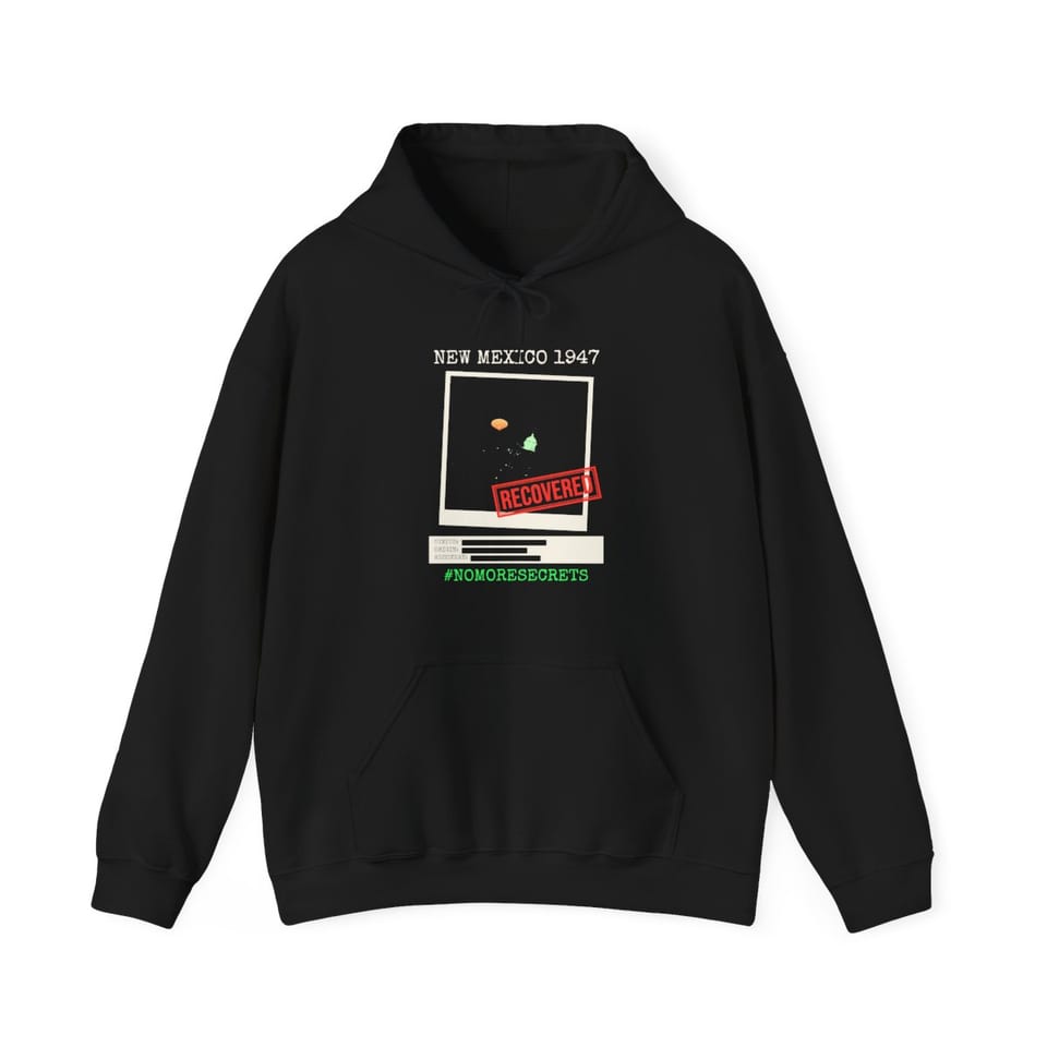 New Mexico 1947 Disc Recovered Hoodie, front view (Printify product mockup)