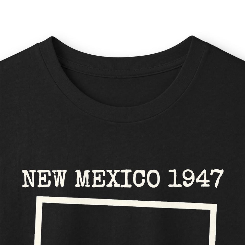 New Mexico 1947 Disc Recovered Long Sleeve Tee, collar closeup view (Printify product mockup)