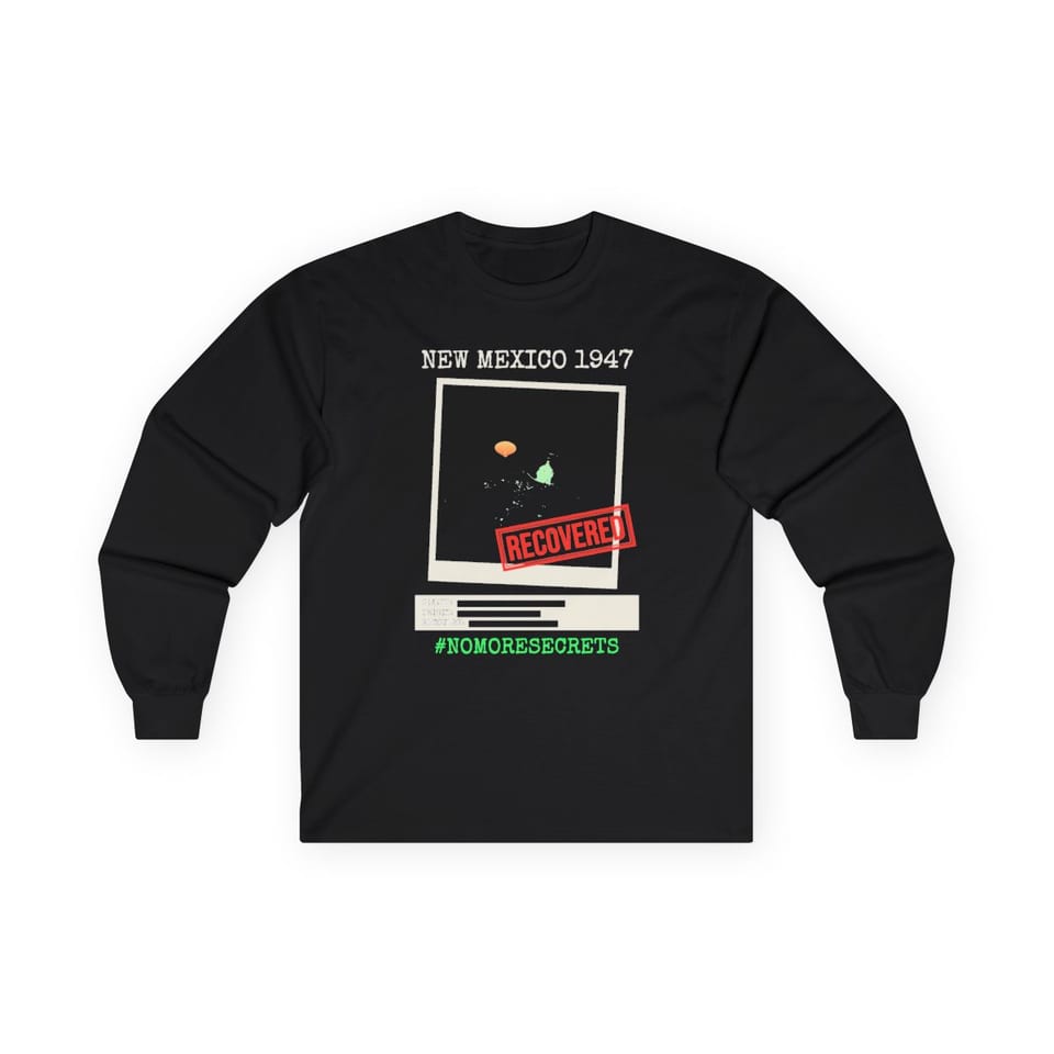 New Mexico 1947 Disc Recovered Long Sleeve Tee, front view (Printify product mockup)