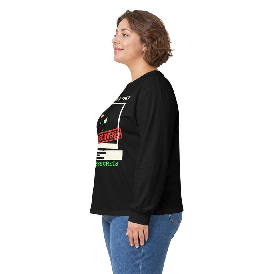 New Mexico 1947 Disc Recovered Long Sleeve Tee, person left view (Printify product mockup)