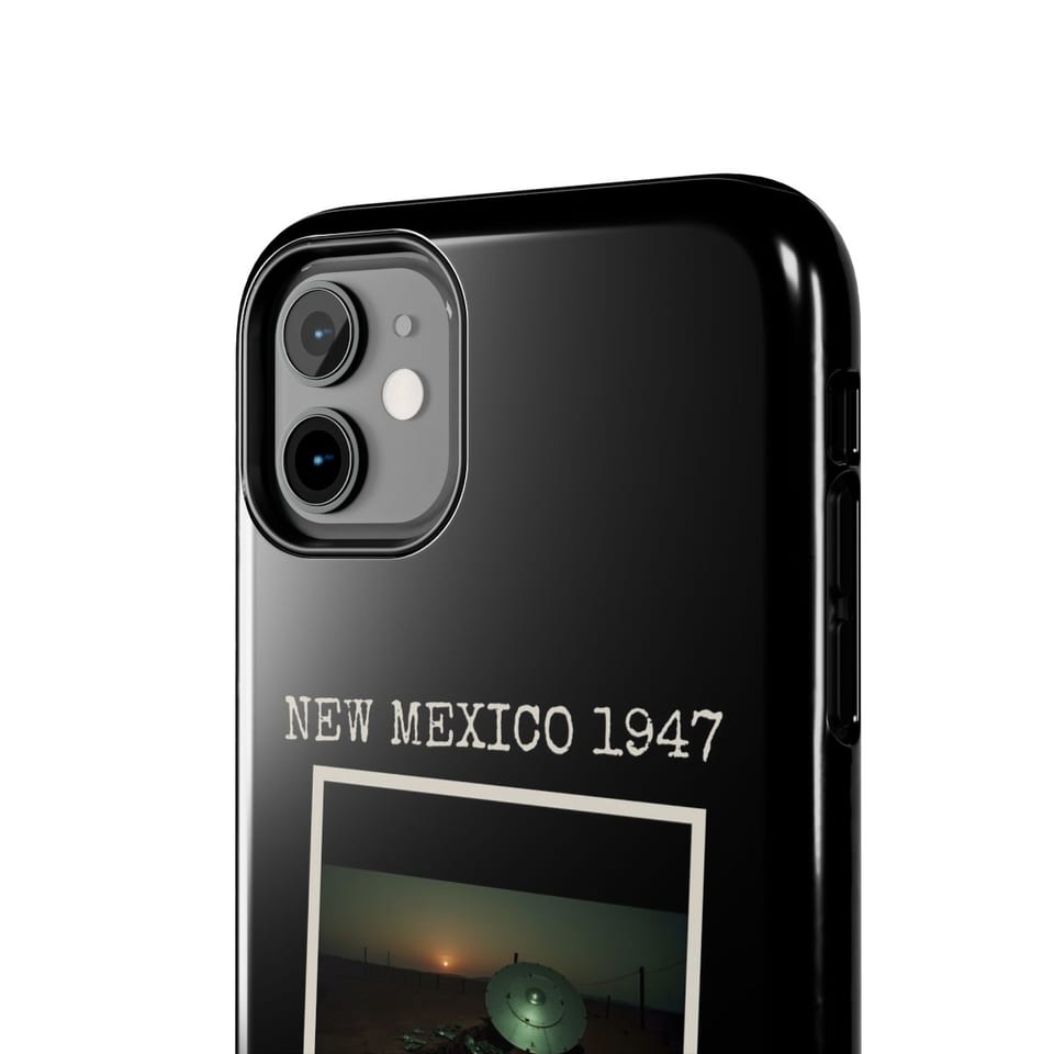 New Mexico 1947 Disc Recovered Phone Case, close up view (Printify product mockup)