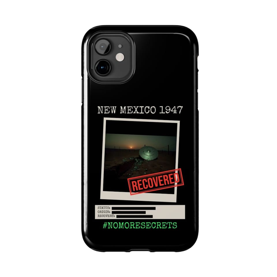 New Mexico 1947 Disc Recovered Phone Case, front view (Printify product mockup)