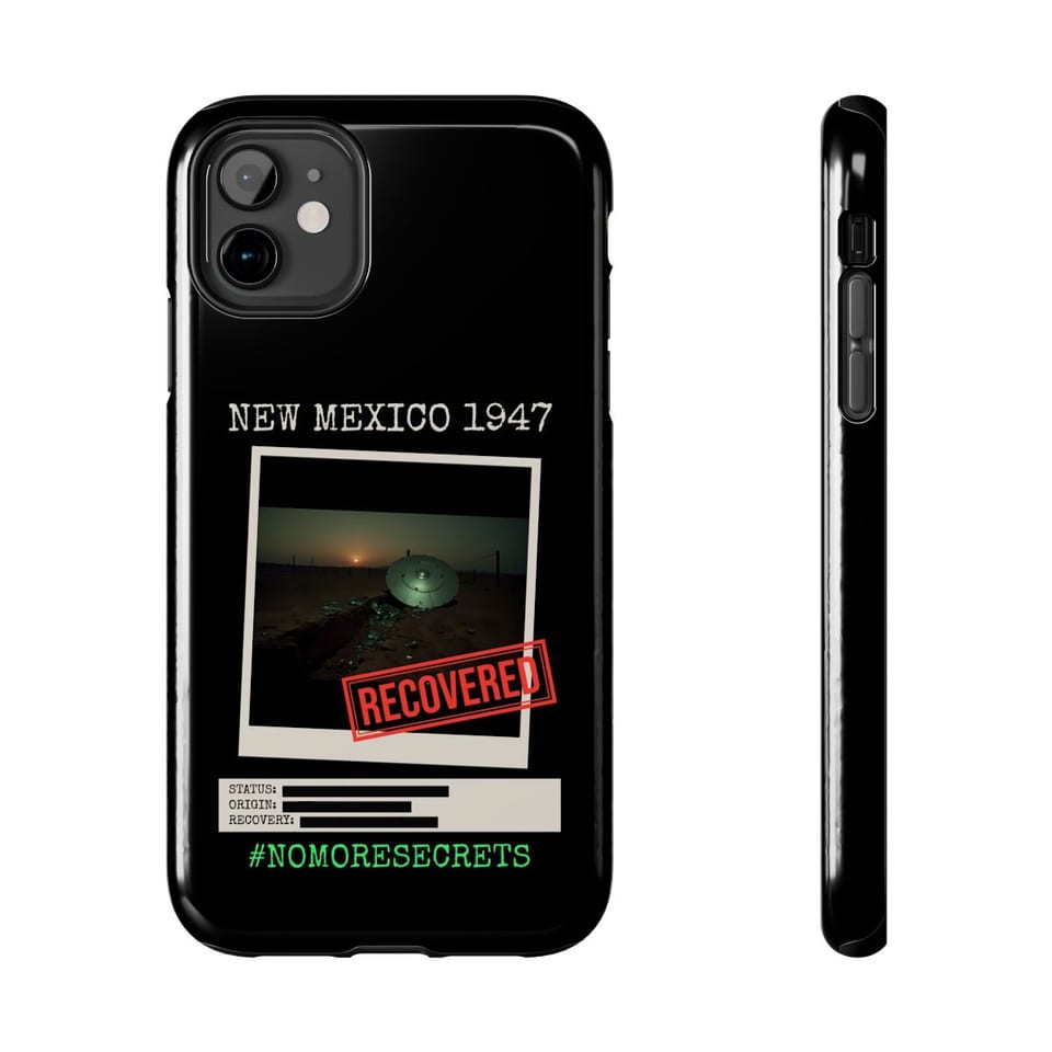 New Mexico 1947 Disc Recovered Phone Case, front and-side view (Printify product mockup)