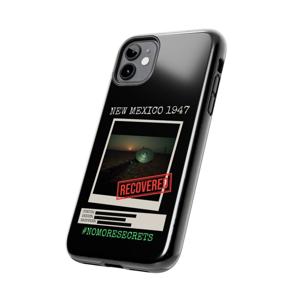 New Mexico 1947 Disc Recovered Phone Case, side view (Printify product mockup)