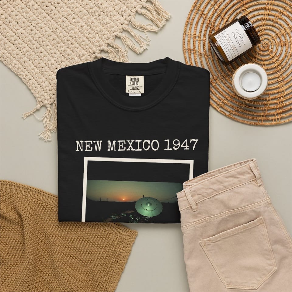 New Mexico 1947 Disc Recovered Tee, folded 2 view (Printify product mockup)
