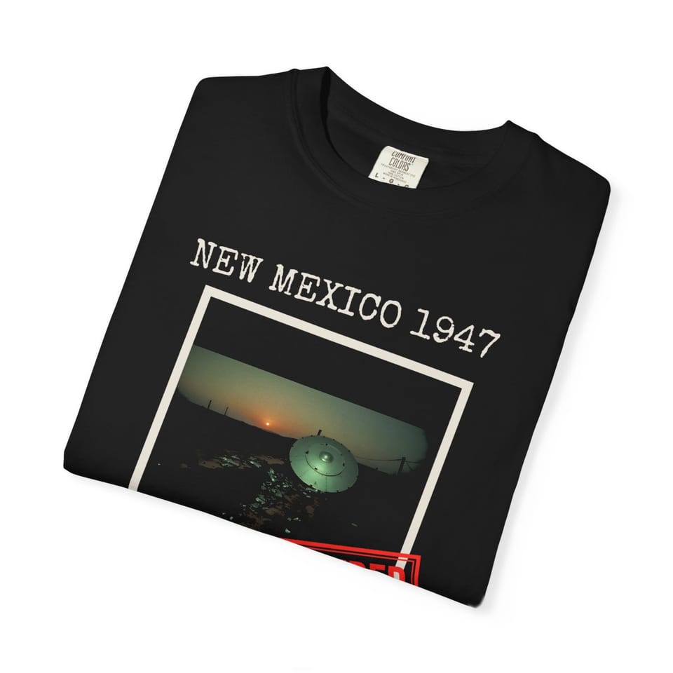 New Mexico 1947 Disc Recovered Tee, folded view (Printify product mockup)