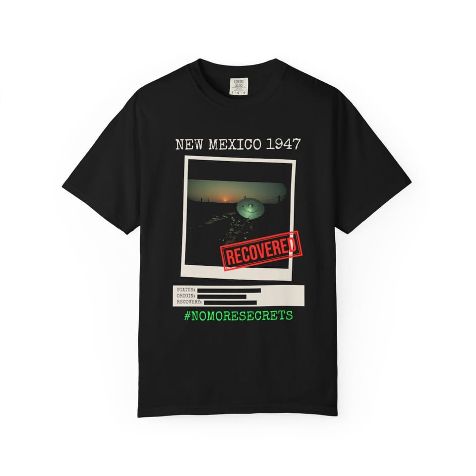 New Mexico 1947 Disc Recovered Tee, front view (Printify product mockup)