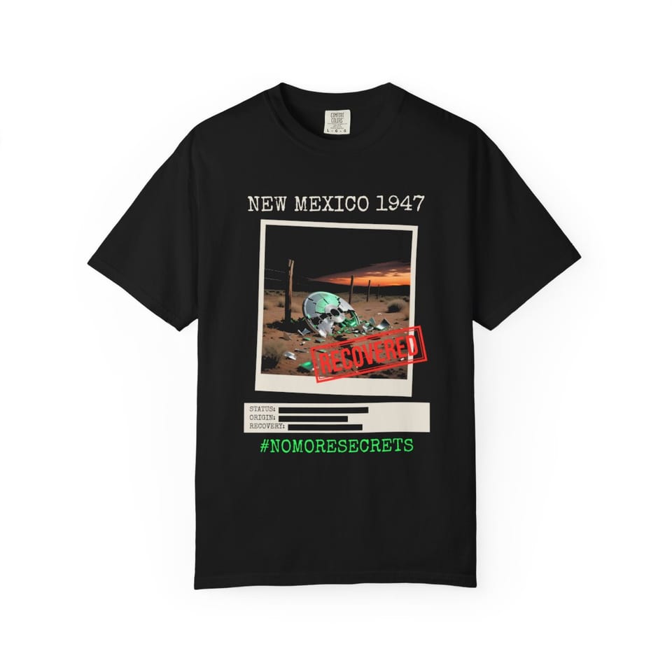 New Mexico 1947 Disc Recovered Tee, front view (Printify product mockup)
