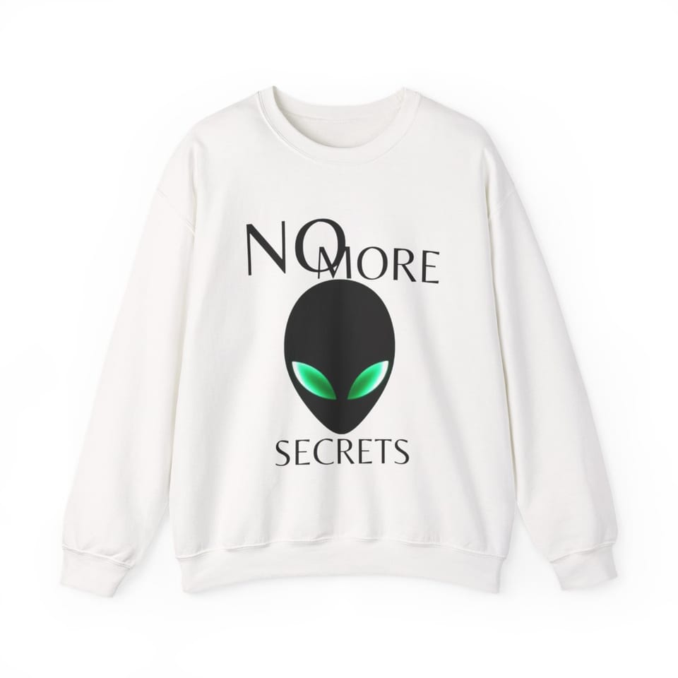 No More Secrets Alien Face Crewneck Sweatshirt, front view (Printify product mockup)