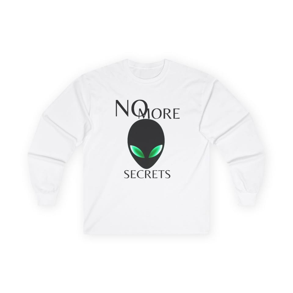 No More Secrets Alien Face Long Sleeve Tee, front view (Printify product mockup)