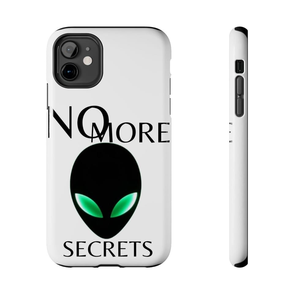 No More Secrets Alien Face Phone Case, front and-side view (Printify product mockup)