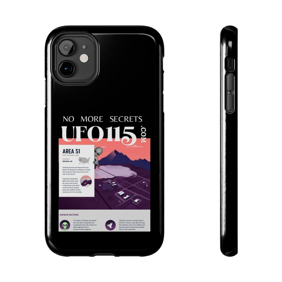 No More Secrets Area 51 Phone Case, front and-side view (Printify product mockup)