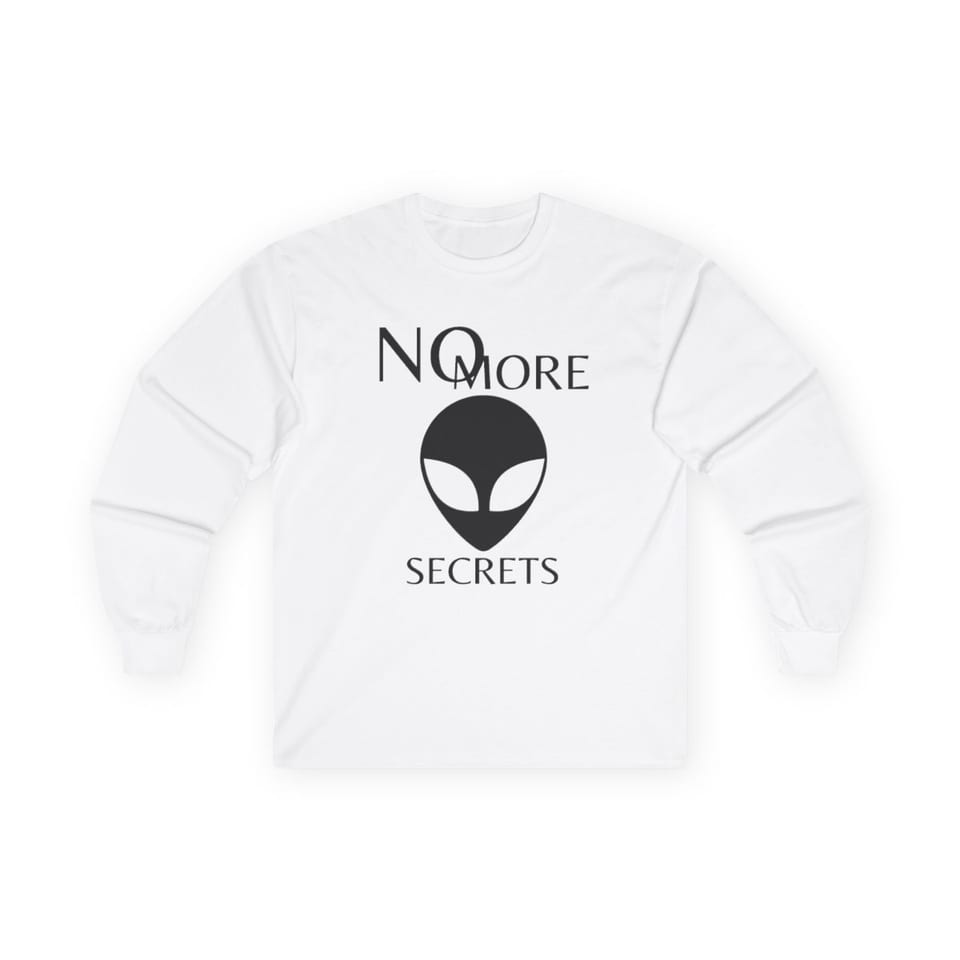 No More Secrets Black Alien Face Long Sleeve Tee, front view (Printify product mockup)