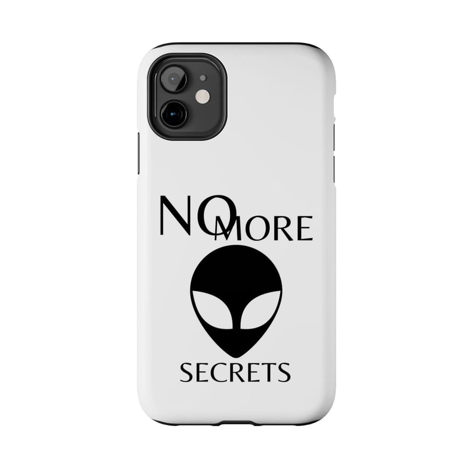 No More Secrets Black Alien Face Phone Case, front view (Printify product mockup)