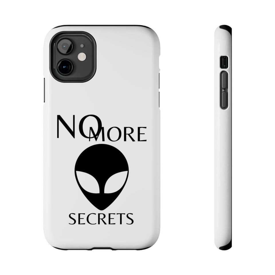 No More Secrets Black Alien Face Phone Case, front and-side view (Printify product mockup)