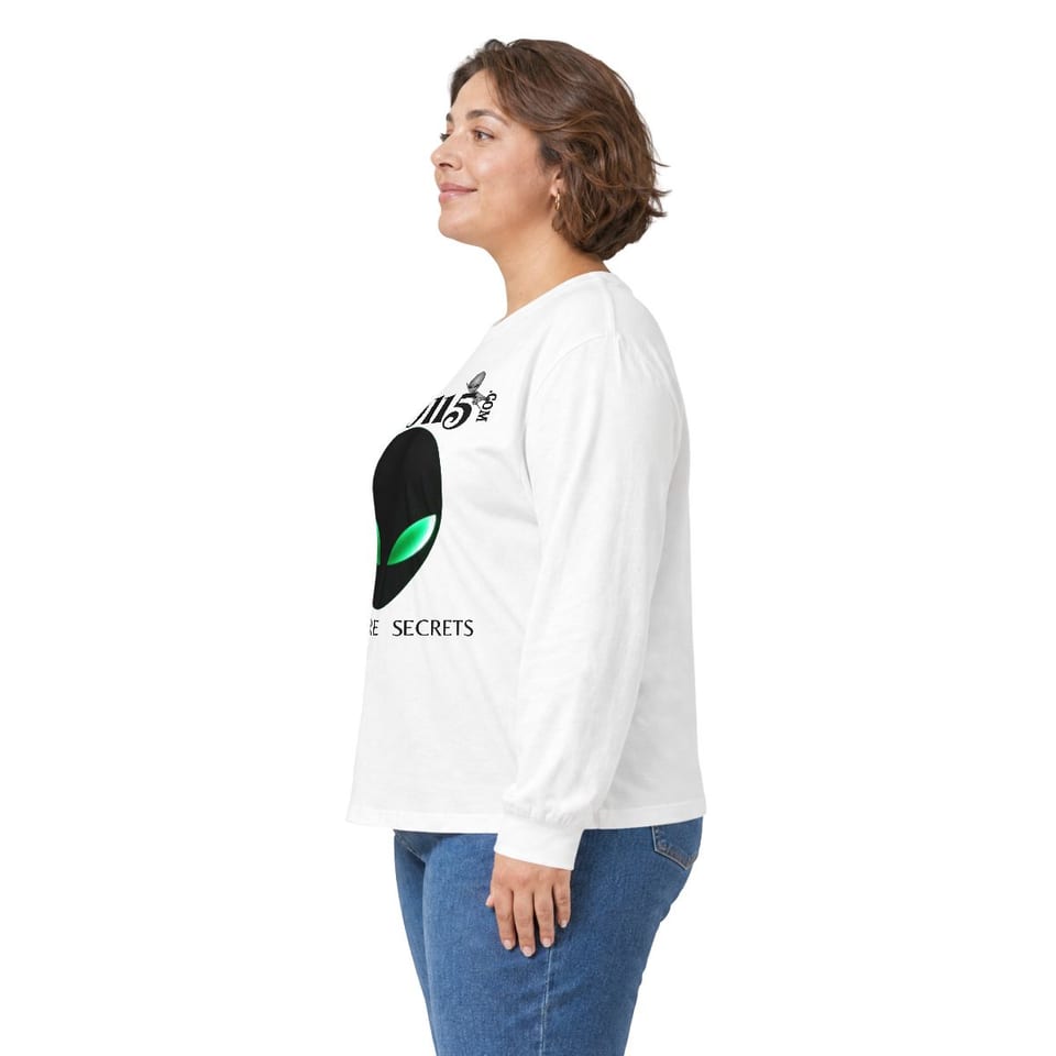 No More Secrets Green Eyes Long Sleeve Tee, person left view (Printify product mockup)