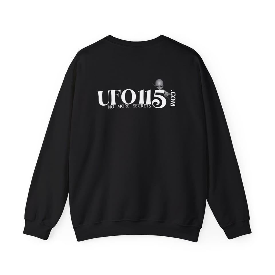 No More Secrets Green Glow Alien Face Crewneck Sweatshirt, back view (Printify product mockup)