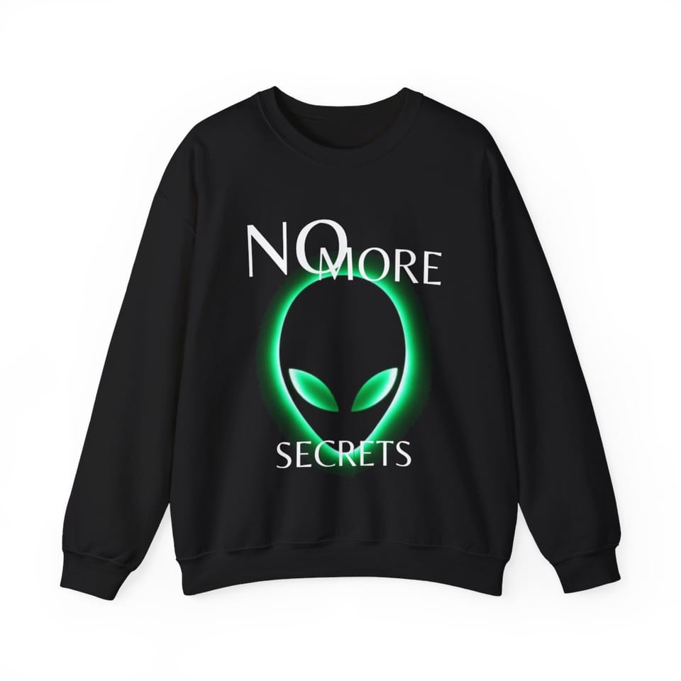 No More Secrets Green Glow Alien Face Crewneck Sweatshirt, front view (Printify product mockup)