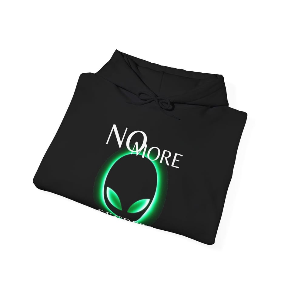 No More Secrets Green Glow Alien Face Hoodie, folded view (Printify product mockup)