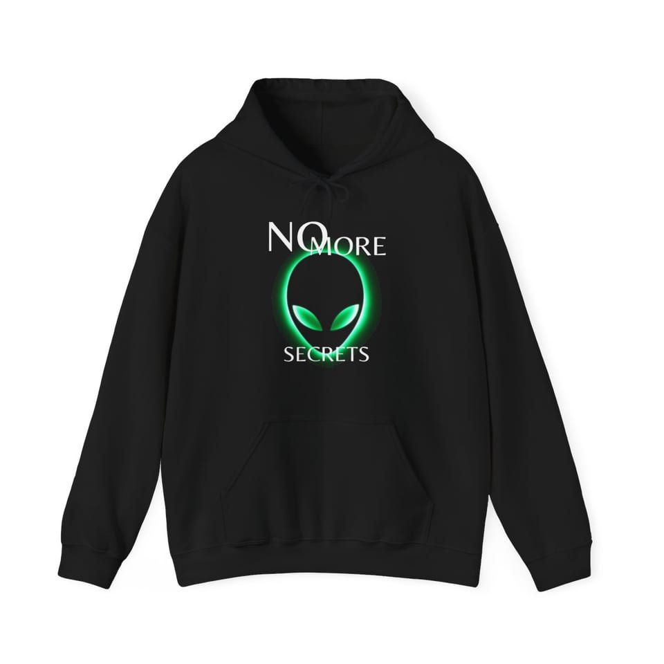 No More Secrets Green Glow Alien Face Hoodie, front view (Printify product mockup)