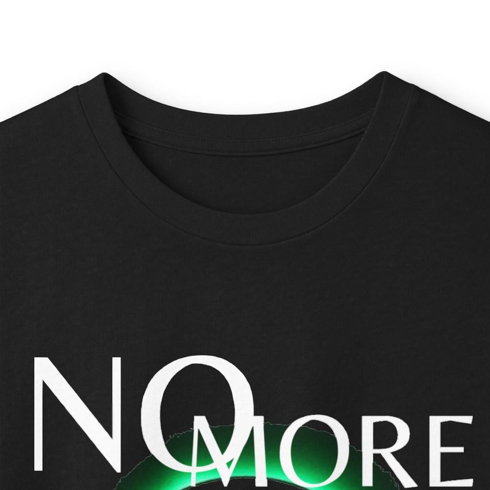 No More Secrets Green Glow Alien Face Long Sleeve Tee, collar closeup view (Printify product mockup)