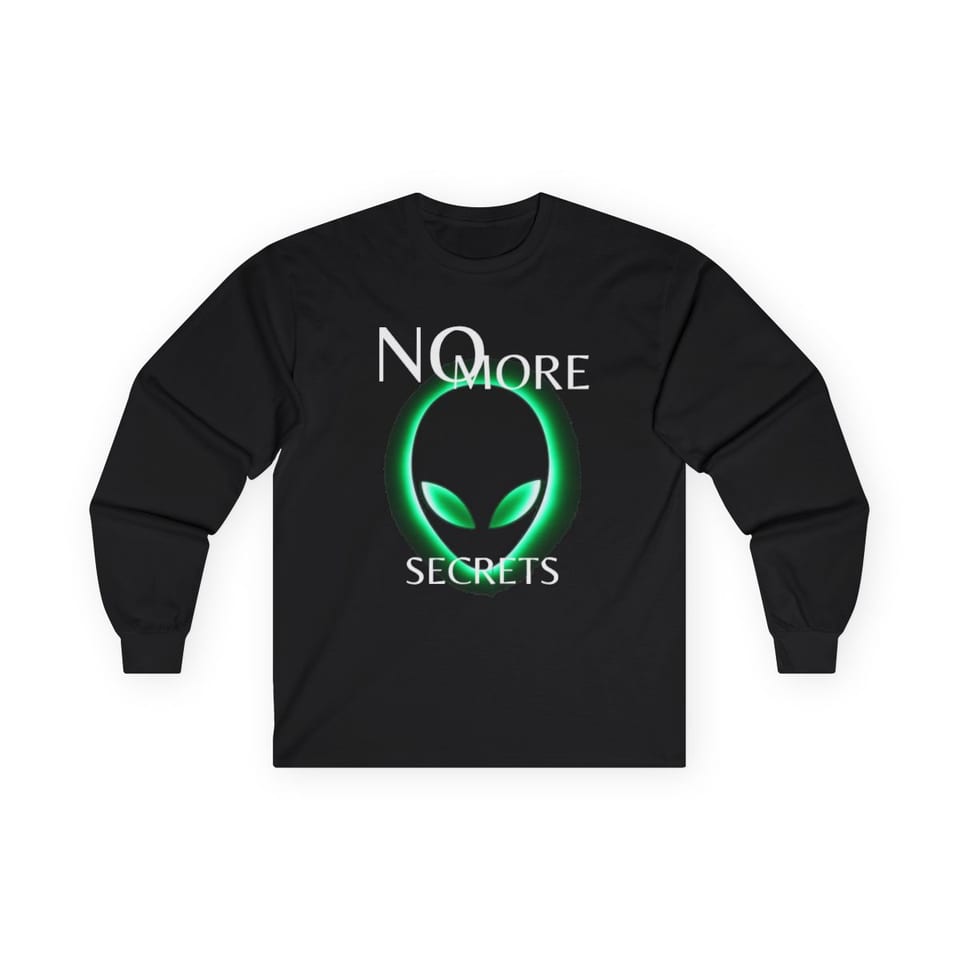 No More Secrets Green Glow Alien Face Long Sleeve Tee, front view (Printify product mockup)