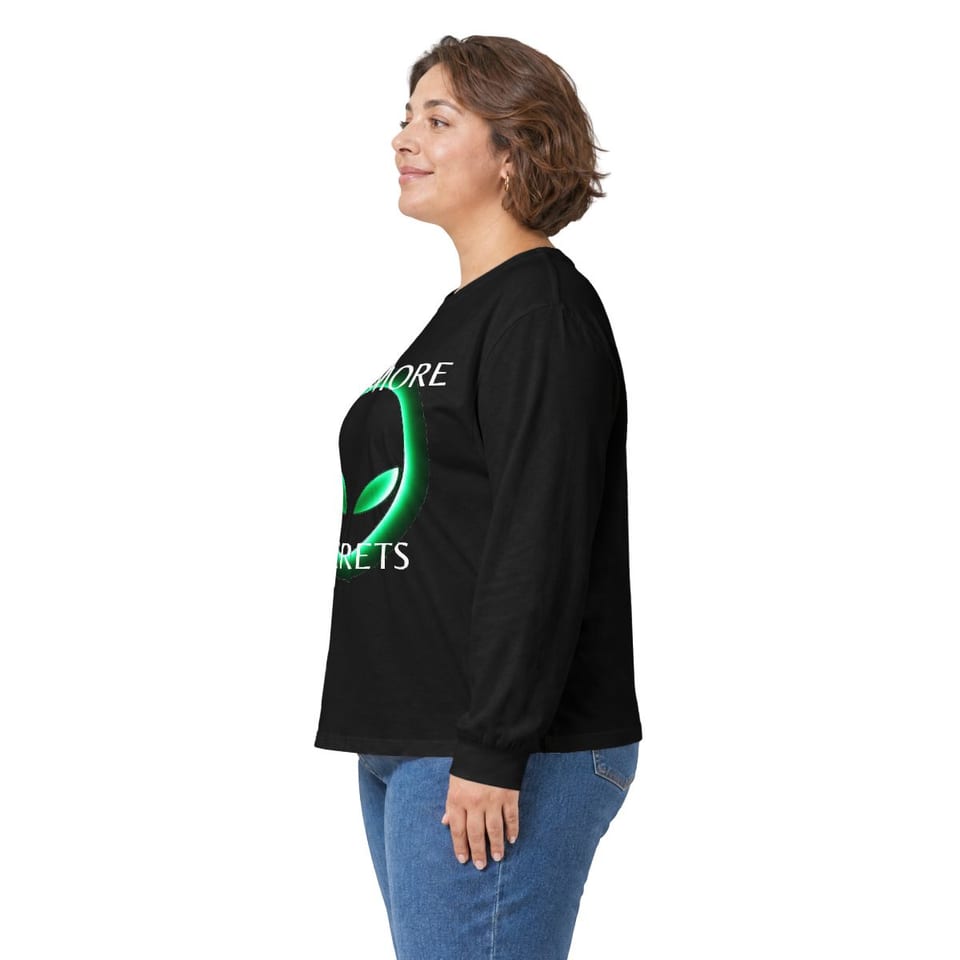 No More Secrets Green Glow Alien Face Long Sleeve Tee, person left view (Printify product mockup)