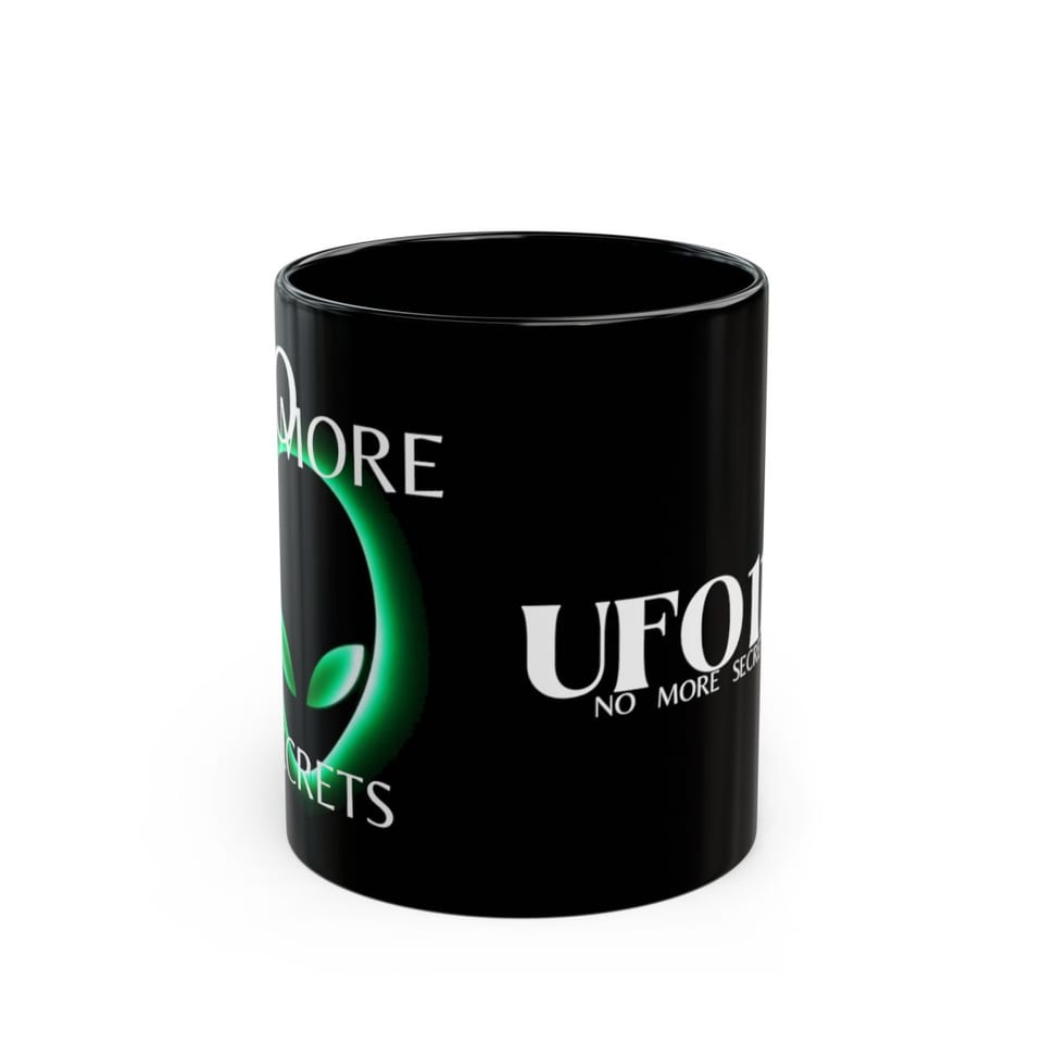 No More Secrets Green Glow Alien Face Mug, front view (Printify product mockup)