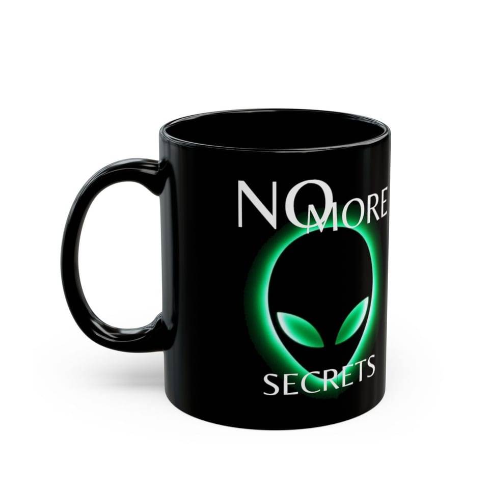 No More Secrets Green Glow Alien Face Mug, left view (Printify product mockup)