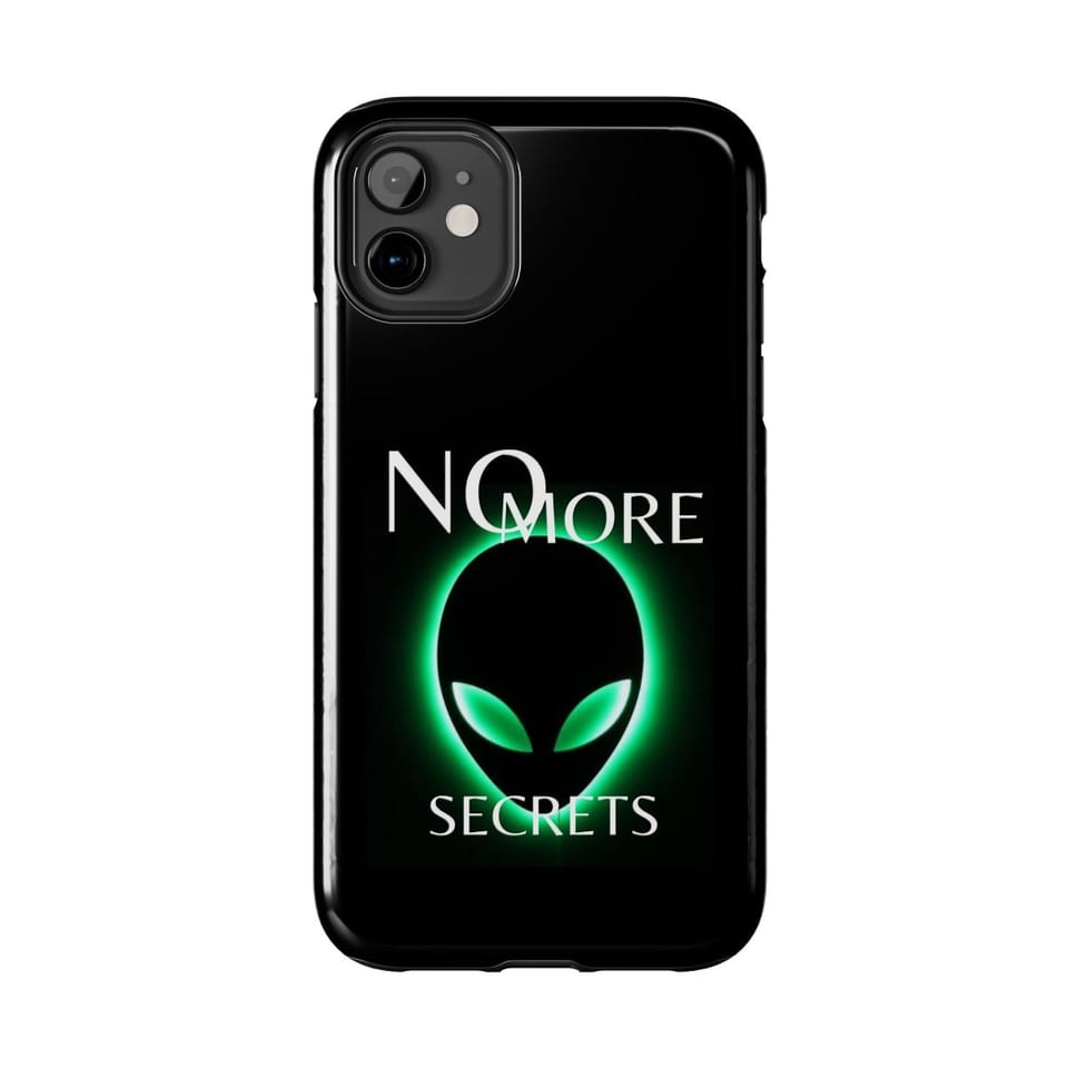 No More Secrets Green Glow Alien Face Phone Case, front view (Printify product mockup)
