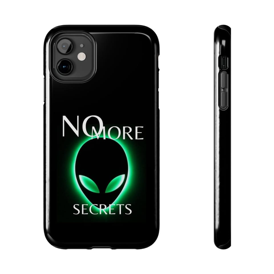 No More Secrets Green Glow Alien Face Phone Case, front and-side view (Printify product mockup)