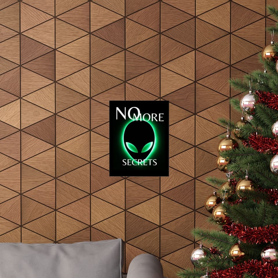 No More Secrets Green Glow Alien Face Poster, context 1 view (Printify product mockup)