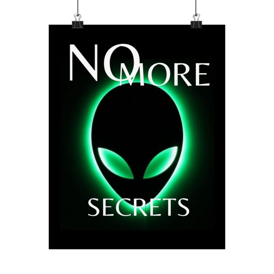 No More Secrets Green Glow Alien Face Poster, front view (Printify product mockup)