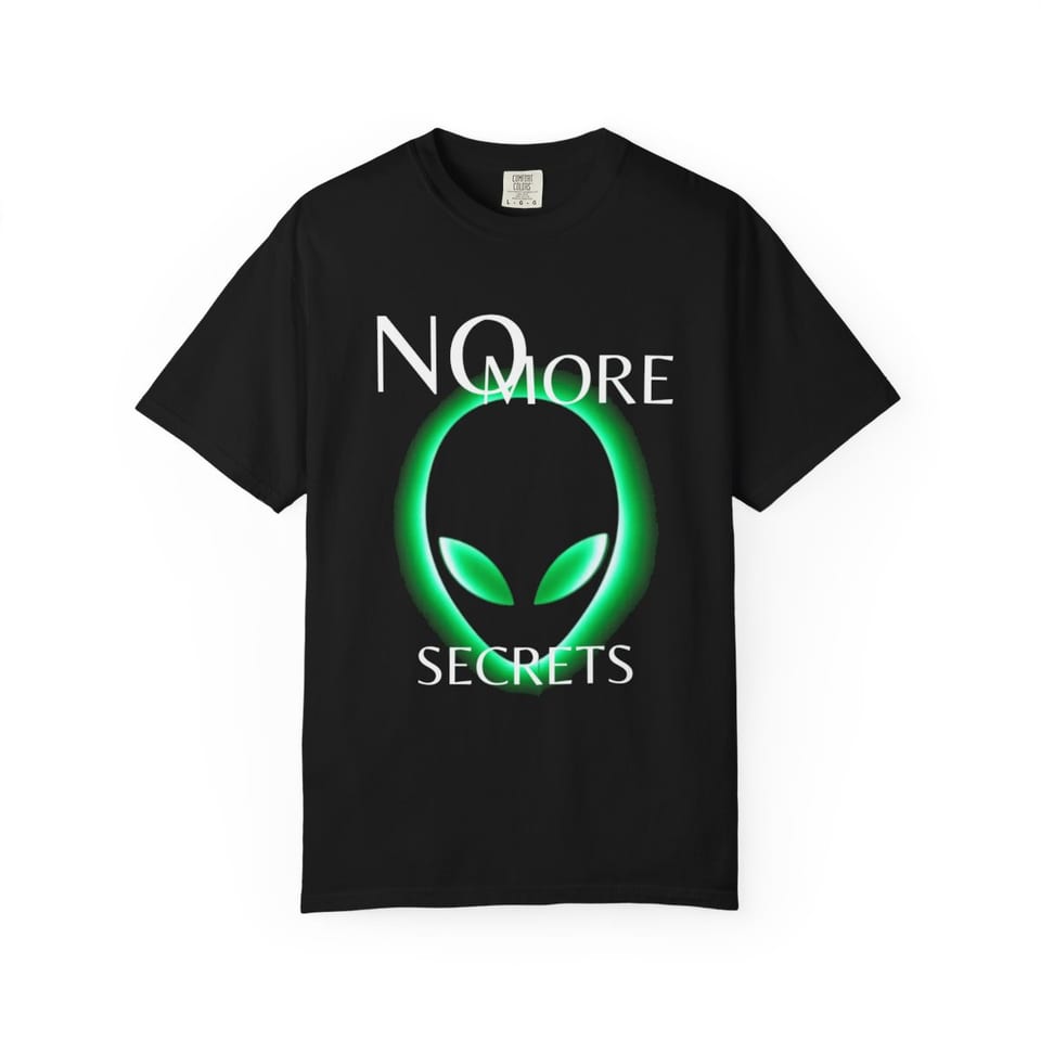 No More Secrets Green Glow Alien Face Tee, front view (Printify product mockup)