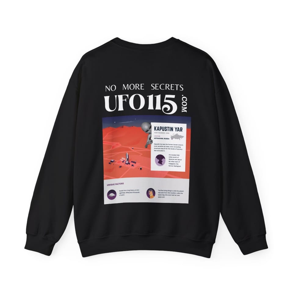 No More Secrets Kapustin Yar Crewneck Sweatshirt, back view (Printify product mockup)