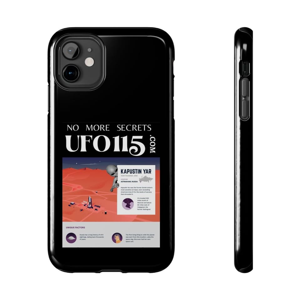 No More Secrets Kapustin Yar Phone Case, front and-side view (Printify product mockup)
